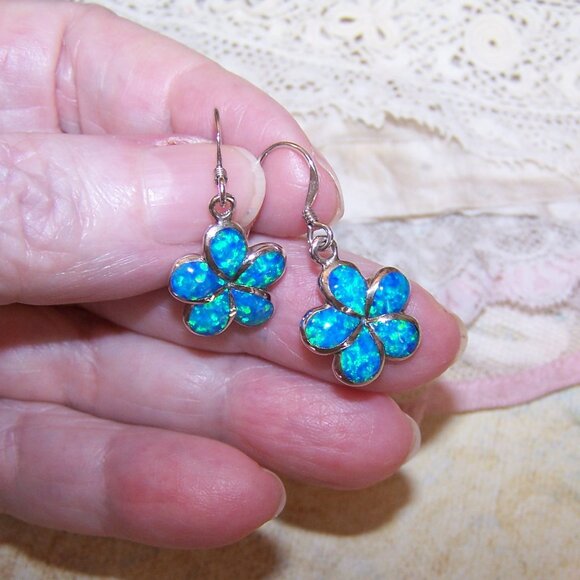 Vintage Sterling Silver Lab Opal Inlay Dangle Earrings - Daisy Design - Picture 2 of 8